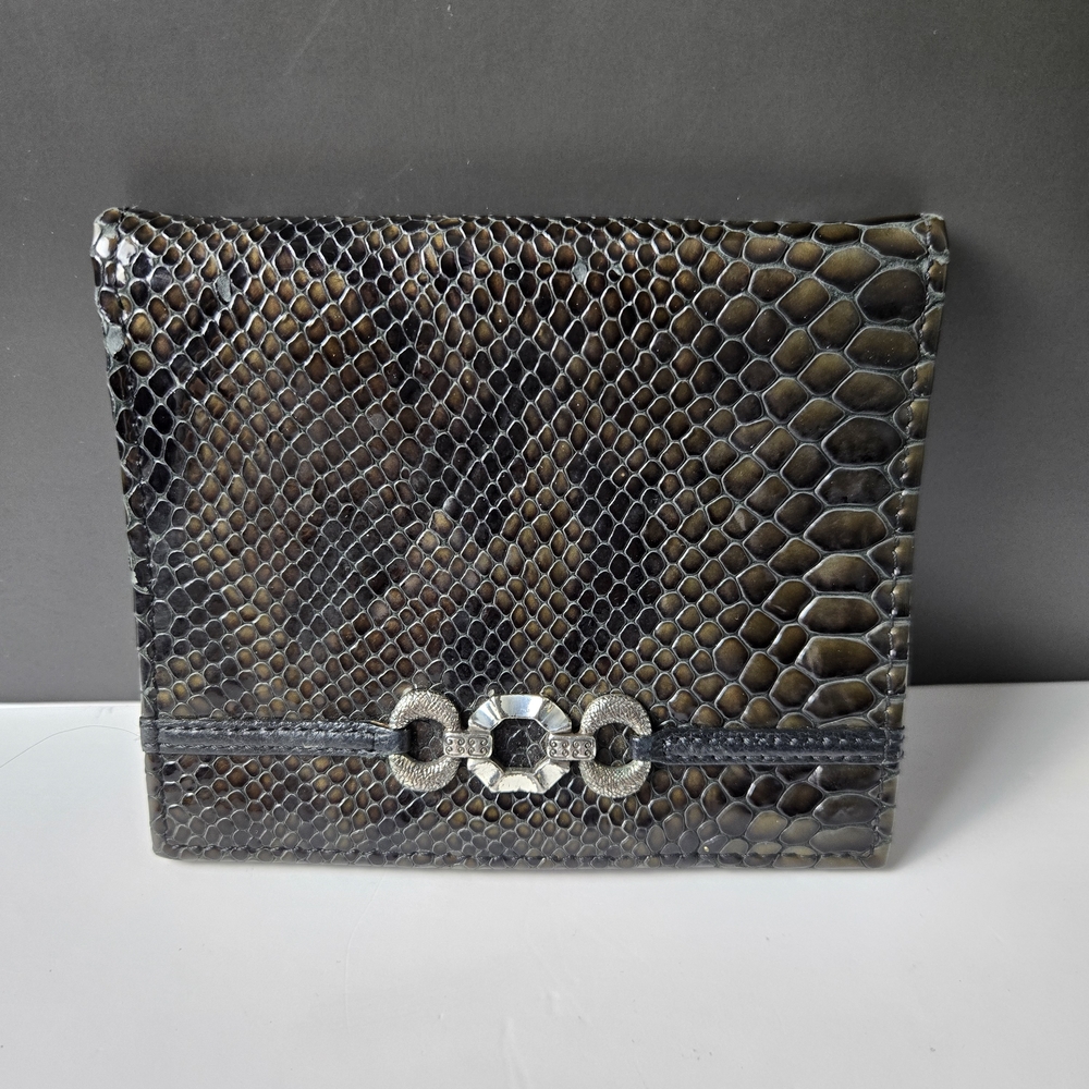 Elegant Vtg Brighton Brown Snakeskin Wallet Bi Fold W Card Pockets Snap Front